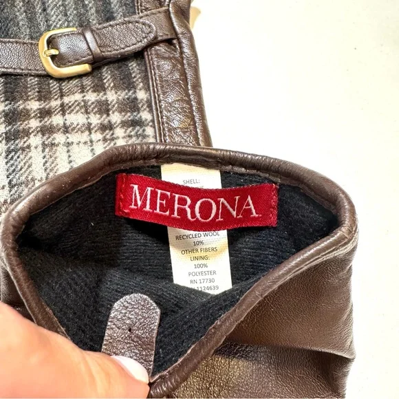 Vintage Merona Brown Leather Gloves with Tartan Plaid Fleece Detail Small Medium - Picture 6 of 7